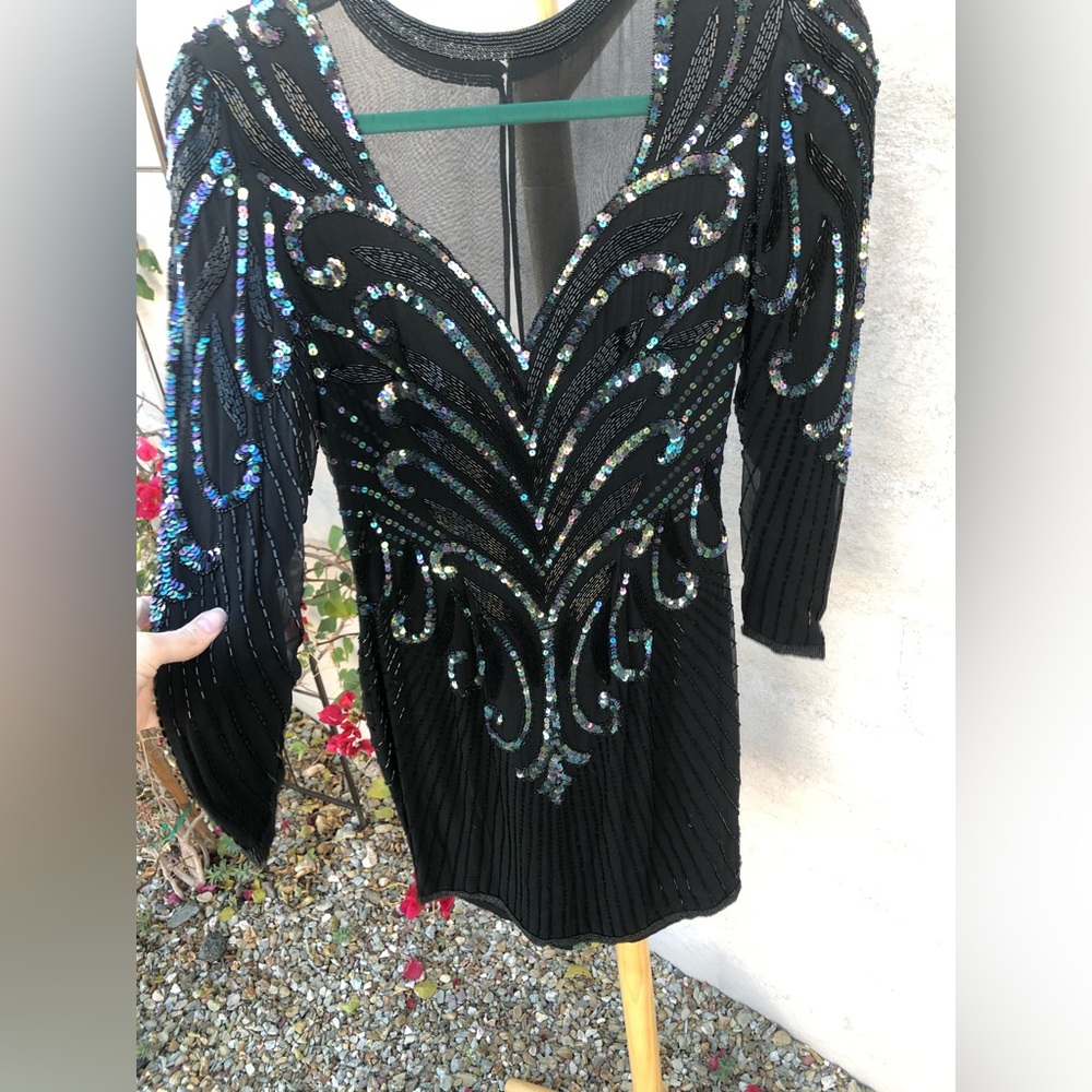 Vintage mesh sequin beaded silk mini dress with long sleeve holiday sparkle - Picture 12 of 16